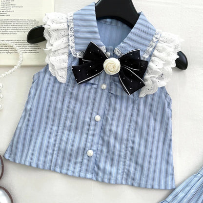 Conjunto Infantil Azul com Laço e Renda