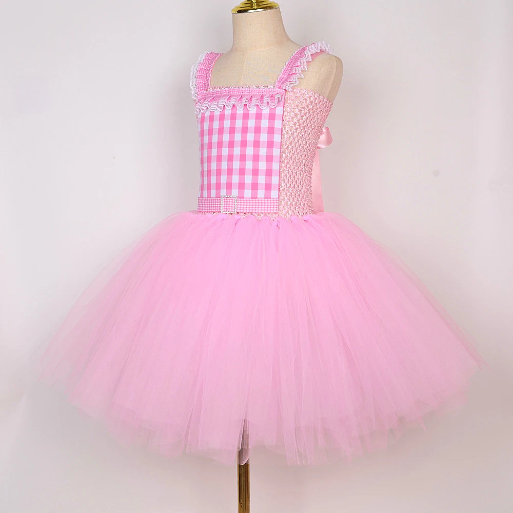 Fantasia Infantil Barbie Xadrez Rosa