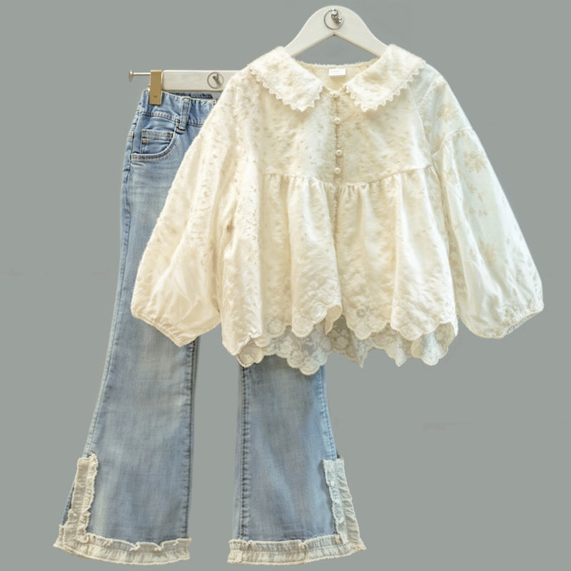 Conjunto Infantil Blusa Rendada e Calça Jeans com Babados