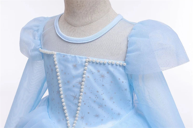 Vestido de Princesa Azul Estrelado de Manga Longa