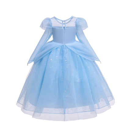 Vestido de Princesa Azul Estrelado de Manga Longa