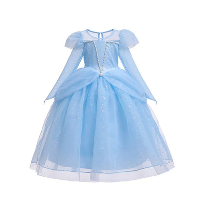 Vestido de Princesa Azul Estrelado de Manga Longa