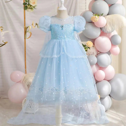 Vestido de Princesa Azul Cristal com Capa
