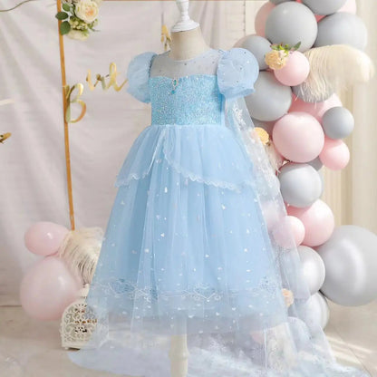 Vestido de Princesa Azul Cristal com Capa