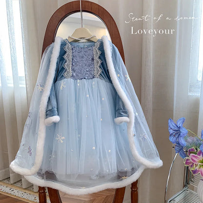 Vestido de Princesa do Gelo Infantil com Capa e Capuz