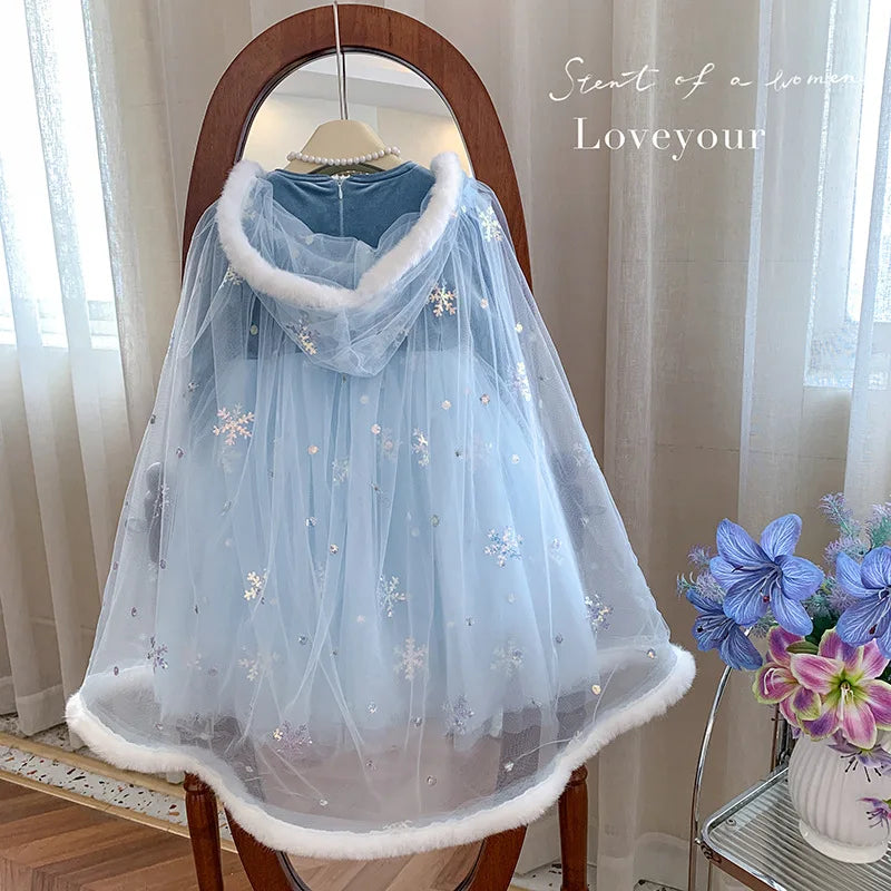 Vestido de Princesa do Gelo Infantil com Capa e Capuz
