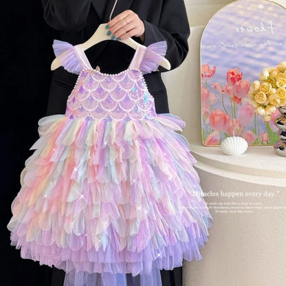 Vestido de Princesa Sereia Arco-Íris Infantil