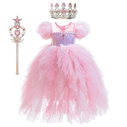 Vestido de Princesa Rosa Blossom com Paetês e Tule