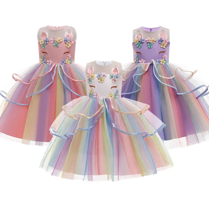 Vestido de Princesa Unicórnio Infantil Arco-Íris com Flores