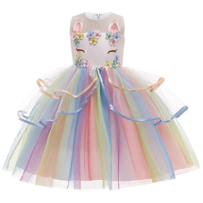 Vestido de Princesa Unicórnio Infantil Arco-Íris com Flores