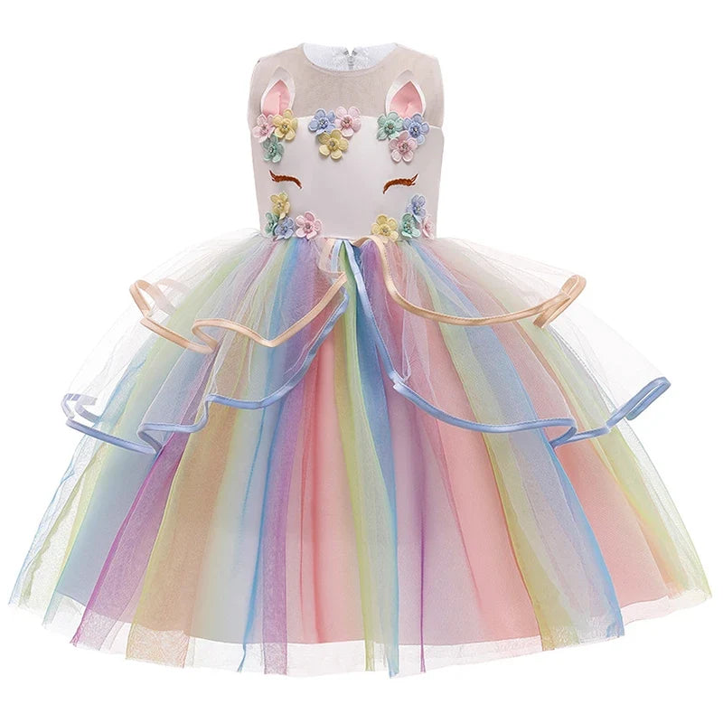 Vestido de Princesa Unicórnio Infantil Arco-Íris com Flores