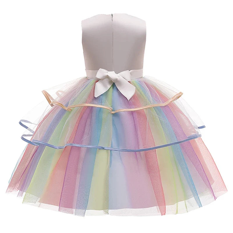 Vestido de Princesa Unicórnio Infantil Arco-Íris com Flores