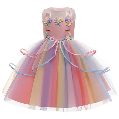 Vestido de Princesa Unicórnio Infantil Arco-Íris com Flores