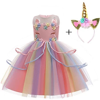 Vestido de Princesa Unicórnio Infantil Arco-Íris com Flores