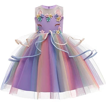 Vestido de Princesa Unicórnio Infantil Arco-Íris com Flores